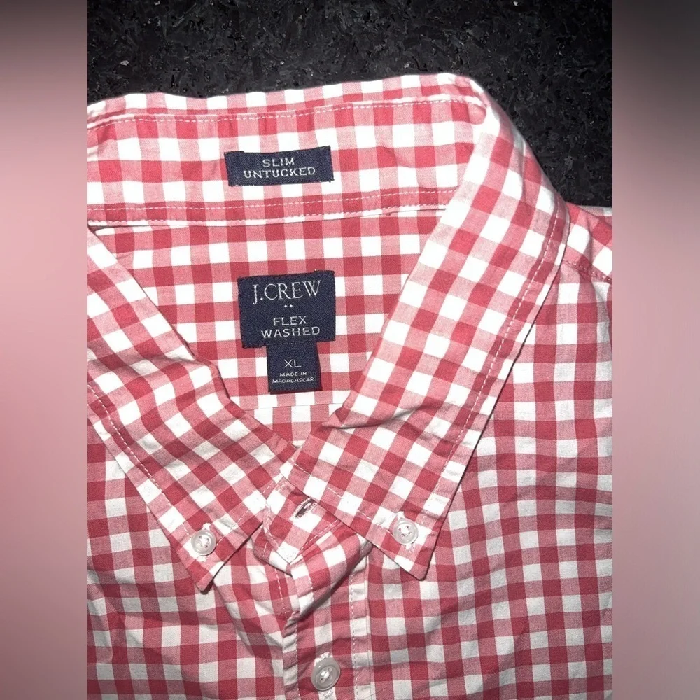 UEC J. CREW FLEX WASHED SLIM UNTUCKED RED & WHITE PLAID LONG SLEEVE SHIRT SZ XL